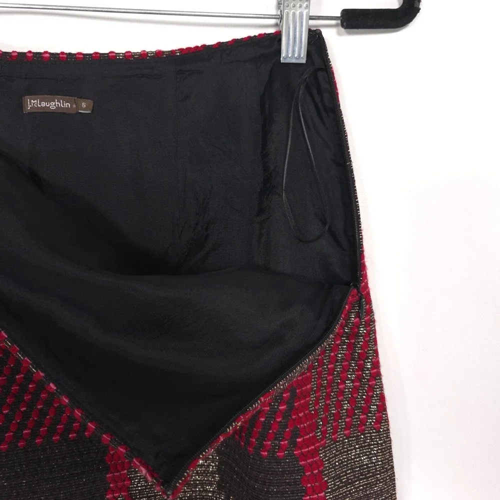 J‎ MCLAUGHLIN Plaid Check Knit Skirt Red Black Metallic Mini Lined 6 Wool Blend